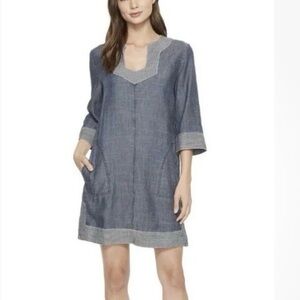 Trina Turk Chambray Shift Dress Blue Contrast Trim Pockets Size 4